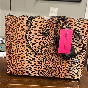 Betsey Johnson Animal Print Chain Strap Tote in Tan & Black